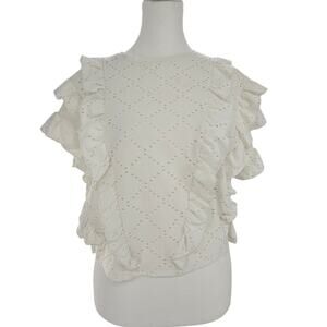 ZARA Eyelet Ruffle Blouse Women Small Off White Boho Embroidered Lace Top